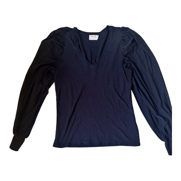 Nation LTD black v neck puff sleeve Pima cotton long sleeve t shirt, sz M - Picture 1 of 5